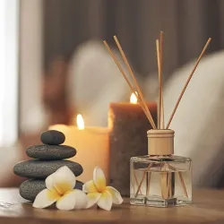 Two candles, hot stones, and scented oils laying on a table